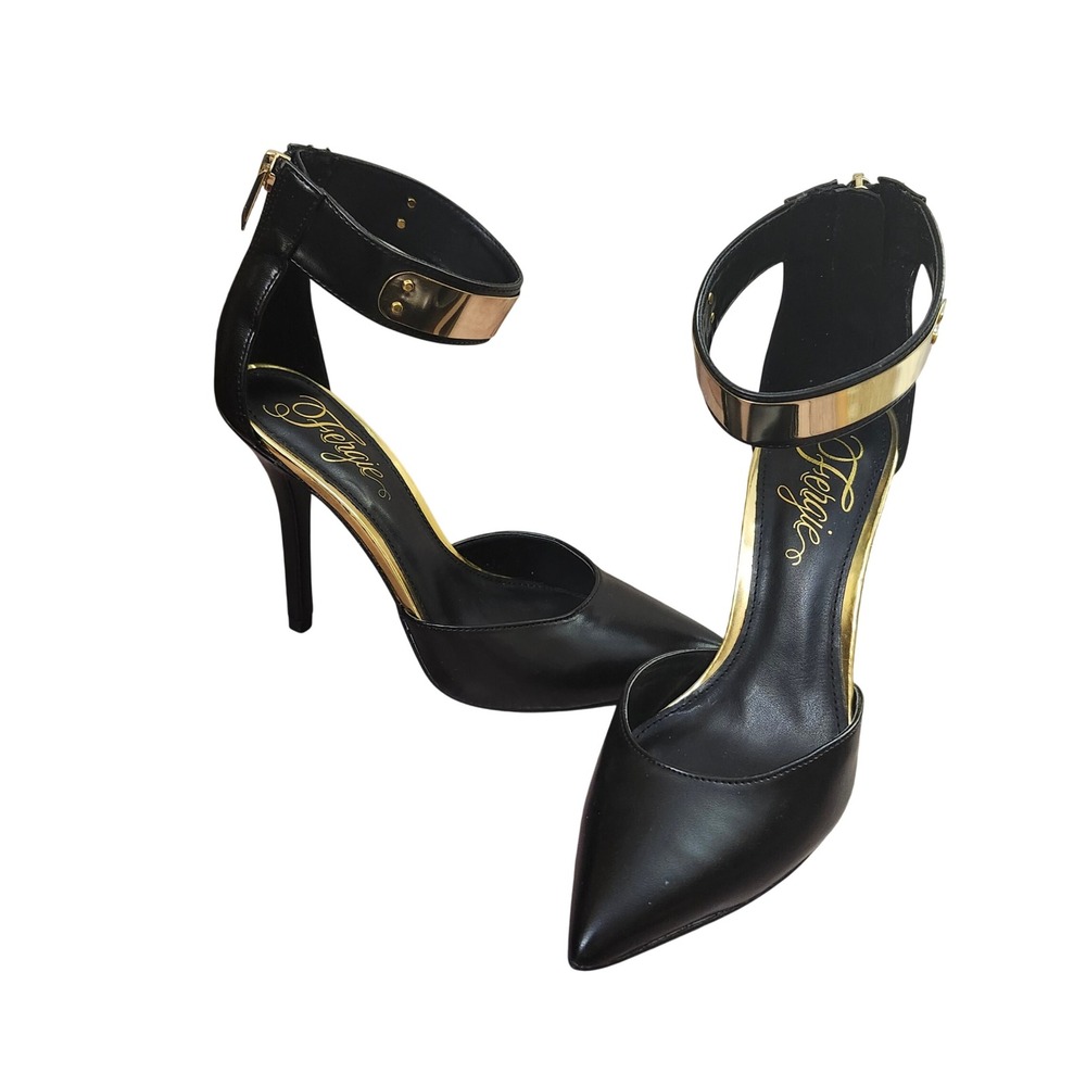 Fergie Palace Black Gold Metallic Ankle Cuff dOrsay Stiletto Heels Glam‎ 8M NEW